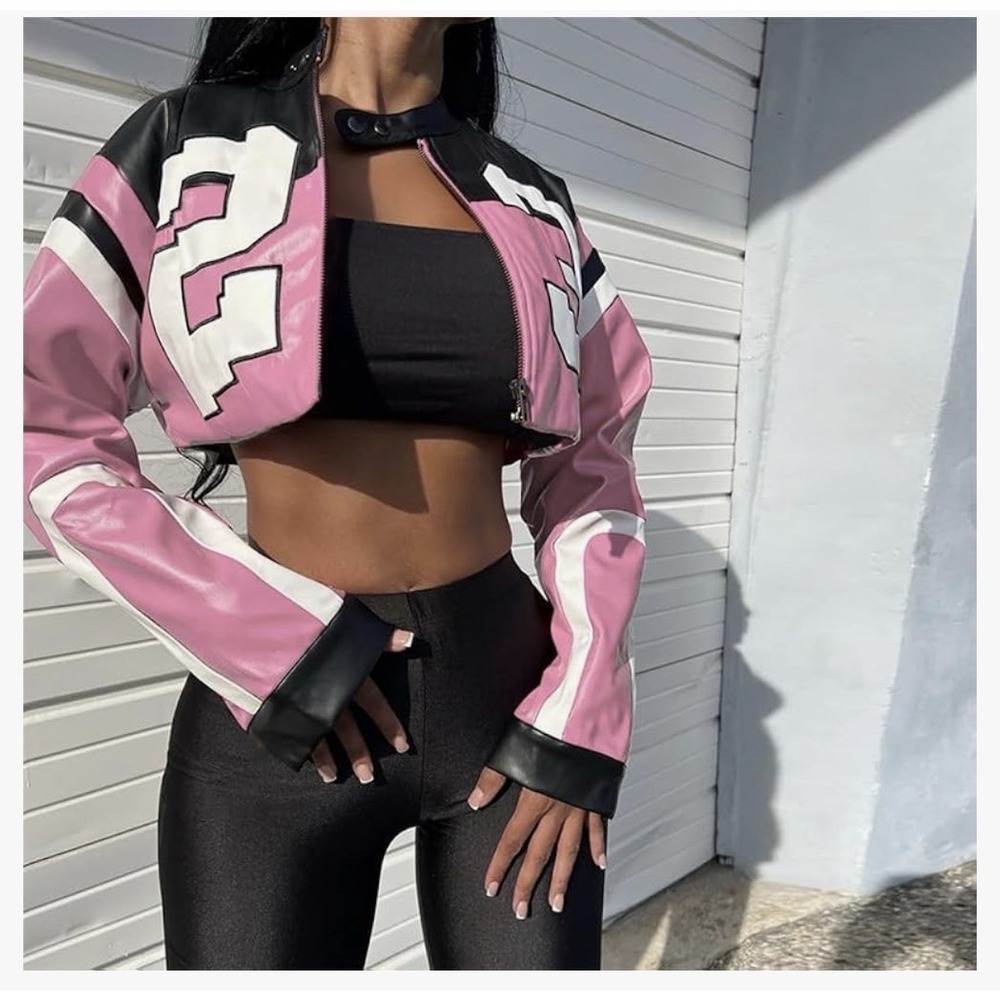 Leather Cropped Motorcycle Y2K Letter Bomber Jacket Size XS